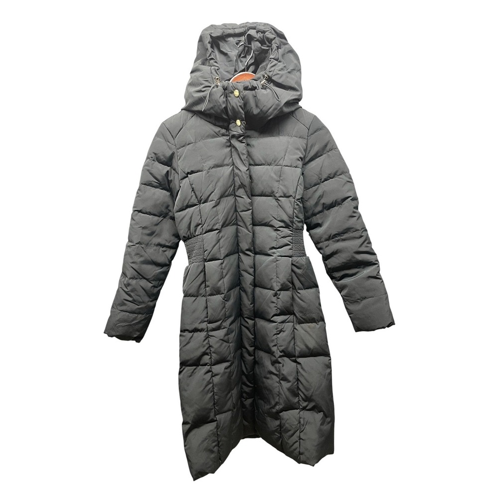 Cole Haan Signature Maxi Down Puffer Coat Womens XS Gray Hooded Quilted Parka